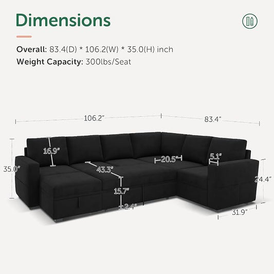 HONBAY Sectional Sleeper Couch with Pull Out Bed, U Shaped Sectional Sofa with Storage, Modular Velvet Sectional Couches for Living Room, Black