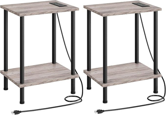 HOOBRO Side Table with Charging Station, Set of 2 End Tables with USB Port and Outlets, Nightstand with 2-Layer Storage Shelves for Small Spaces, Living Room, Bedroom, Greige and Black BG09UBZP201