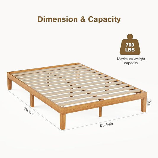 Sweetcrispy Full Size Bed Frame 12 inch Heavy Duty Platform Bedframe, 1000 lbs Capacity, Underbed Storage, No Box Spring Needed, Wooden Slats, Easy Assembly with Velcro, Honey Finish