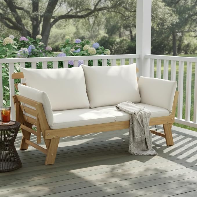 Tangkula Convertible Acacia Wood Patio Couch Sofa Bed with Adjustable Armrest, Outdoor Daybed with Cushion & Pillows, Outside Folding Futon Sofa Couch Bench for Porch, Courtyard, Poolside & Garden