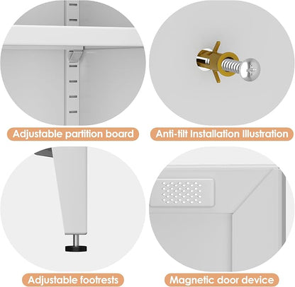 Metal Pantry Cabinet with 4 Adjustable Shelves, White Freestanding Kitchen Storage Cabinet for Dining Room, Kitchen, 63.58" H × 27.56" W × 13.78" D, Required Assembly, White