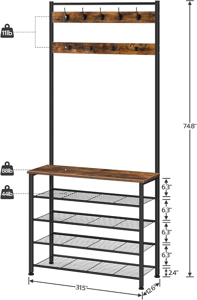 HOOBRO Hall Tree, Coat Rack with Shoe Rack, Hall Tree with Bench, 5 Tier Shoe Storage Organizer with 9 Hooks for Entryway, Closet, Sturdy, Industrial, Rustic Brown and Black BF80MT01G2