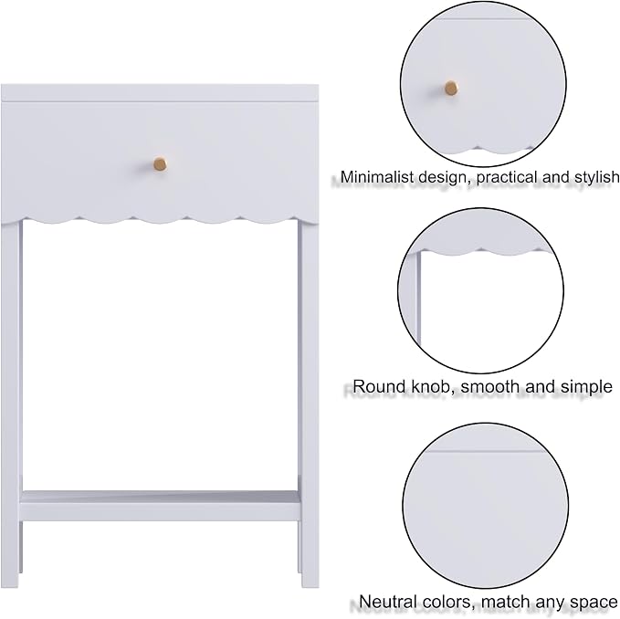 Cute Nightstand with Drawer and Open Shelf, Scalloped Edge Design Bedroom Bedside Table, Wood End Table for Kids Girls Bedroom, Light Purple