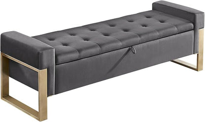 End of Bed Storage Bench, 67'' Benches for Bedroom Foot of Bed King Size, Upholstered Velvet Tufted Storage Ottoman Bench with Gold Legs for Window Living Room Entryway, Grey