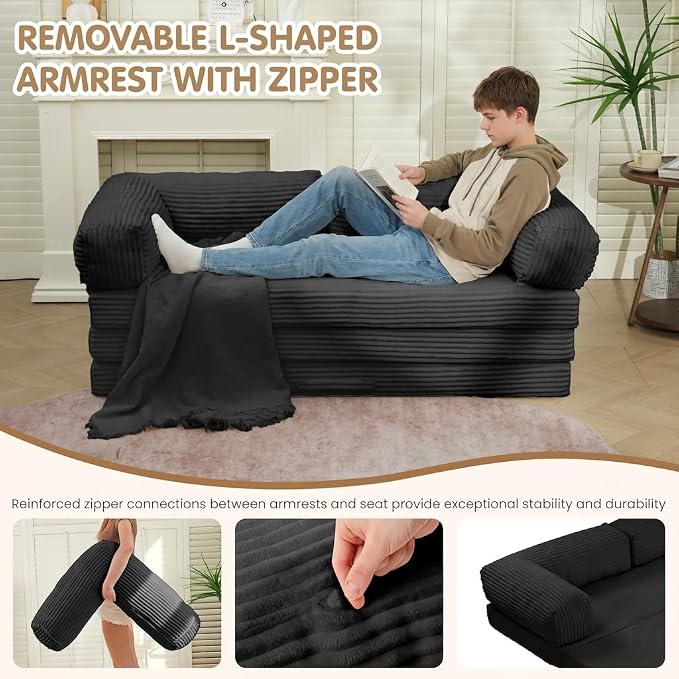 Convertible Sofa Bed King,5-in-1 Folding Boneless Couch Corduroy Futon Sofa Bed,Tri-Fold Mattress with Removable Armrests & Handle,Sleeper with Pull Out Bed for Small Space Living Room Bedroom