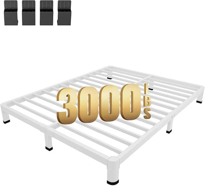MAF 4 Inch Queen Metal Platform Bed Frame White with Round Corner Legs, Mattress Slide Stopper, 3000 LBS Heavy Duty Steel Slats Support, Noise Free, No Box Spring Needed, Easy Assembly