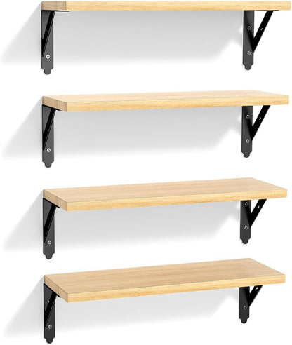 ROMGUAR CRAFT Wood Floating Shelves Set of 4, Rustic Storage Decor Wall Shelves, Wall Mounted Shelf for Living Room, Bedroom 17" x 6", Natural