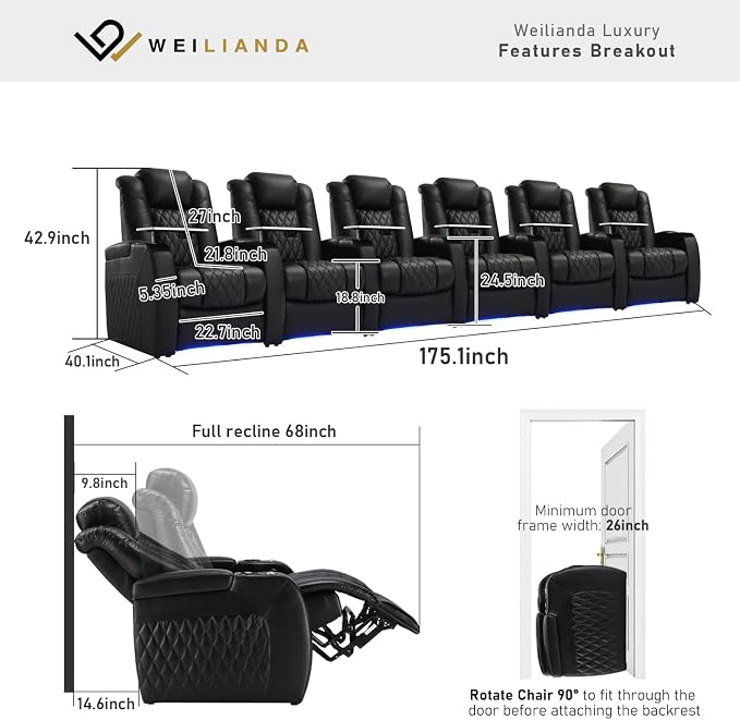 Weilianda Home Theater Seating Top Grain Leather Zero Gravity Recliner Chair Power Headrest Recline Movie Seat Gaming 7 Colors Mood Light Sofa with Tray Table USB Charge Row of 6 Black