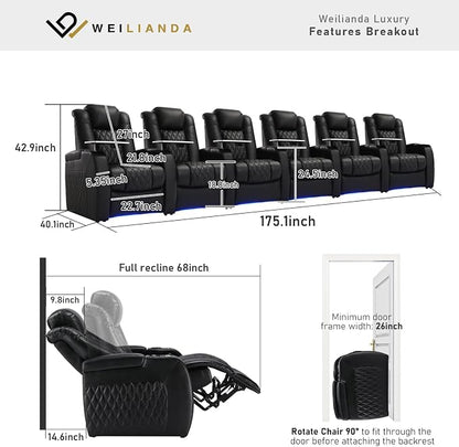 Weilianda Home Theater Seating Top Grain Leather Zero Gravity Recliner Chair Power Headrest Recline Movie Seat Gaming 7 Colors Mood Light Sofa with Tray Table USB Charge Row of 6 Black