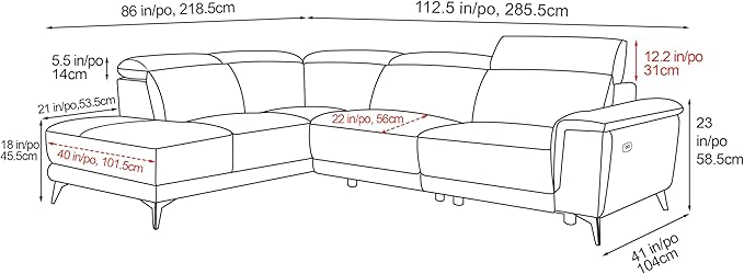 Valencia Pista 113" Cloudy Grey Full Leather Reclining Sectional Sofa with Left Hand Chaise | Power Recliner Chair, Nappa 11000 Leather | L Shaped Couch for Living Room Furniture