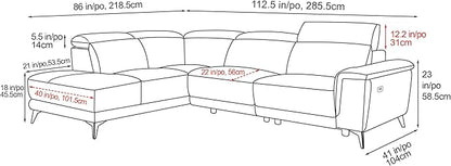 Valencia Pista 113" Cloudy Grey Full Leather Reclining Sectional Sofa with Left Hand Chaise | Power Recliner Chair, Nappa 11000 Leather | L Shaped Couch for Living Room Furniture