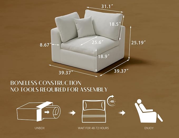 ohllob Corner Seat for Cloud Sectional Couches Living Room, Modular, Boneless, Warm White