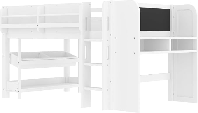 Bellemave Twin Size Low loft Bed with Desk and bookcases, Boxes and Drawers for Kids,Wood Modern Farmhouse Kids Loft Bed with Shelf, White
