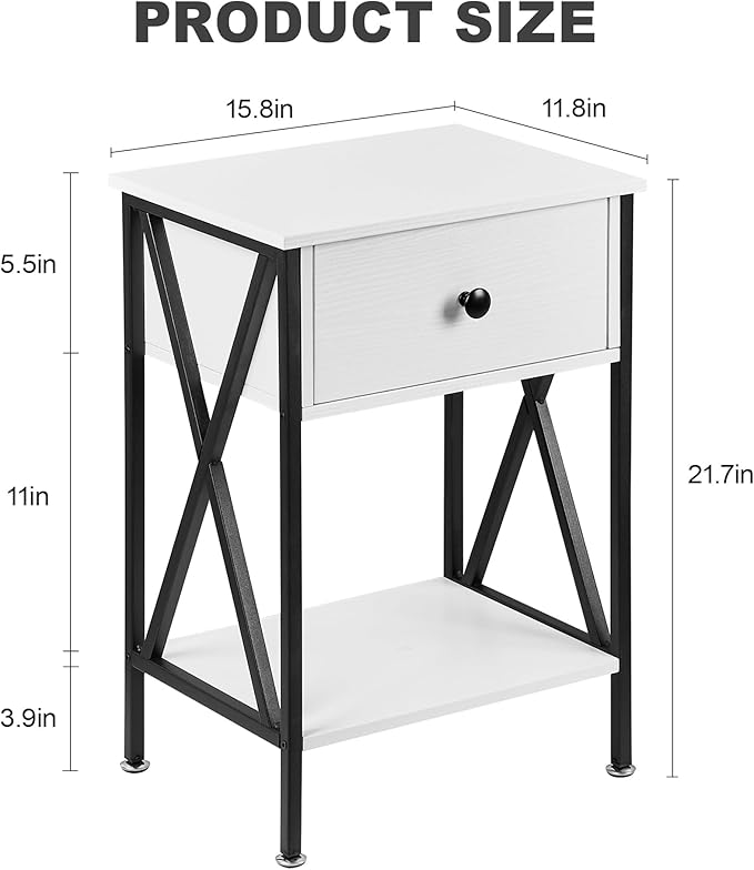 VECELO Nightstands Set of 2, Modern Bedside End Tables, Night Stands with Drawer and Storage Shelf for Living Room Bedroom, Industrial Metal Frame