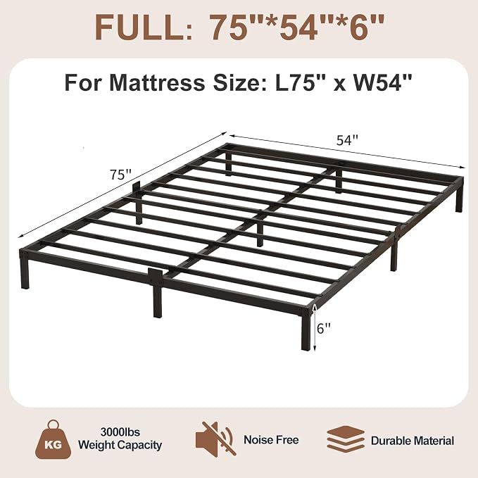 6 Inch Low Profile Full Size Bed Frame, Noise-Free Heavy Duty Metal Platform with Mattress Stopper, No Box Spring Needed, Easy Assembly Steel Support, Black