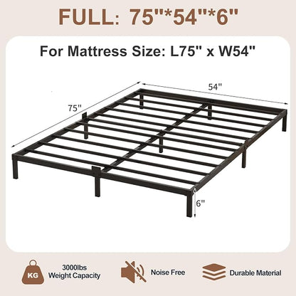 6 Inch Low Profile Full Size Bed Frame, Noise-Free Heavy Duty Metal Platform with Mattress Stopper, No Box Spring Needed, Easy Assembly Steel Support, Black