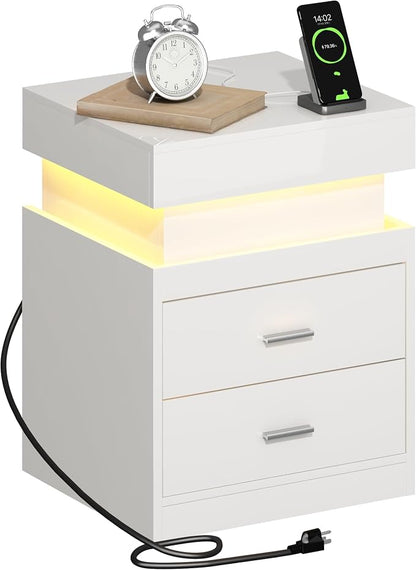 ChooChoo LED Nightstand with Charging Station, Smart Night Stand with Sliding Top Storage, 2-Drawers High Gloss Bedside Table, Modern End Table for Bedroom,White