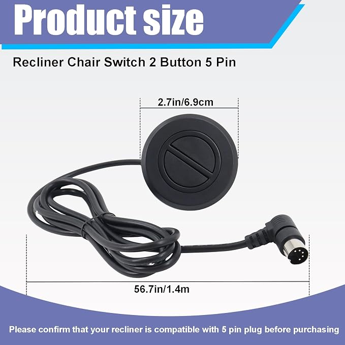 Podoy Electric Recliner Switch Replacement with 2 Button 5 pin Plug Universal Fixed Power Recliner Lift Chair, Stand Sofa with 90 Degree Plug Electric Round Hand Control Handset(2 Pack)
