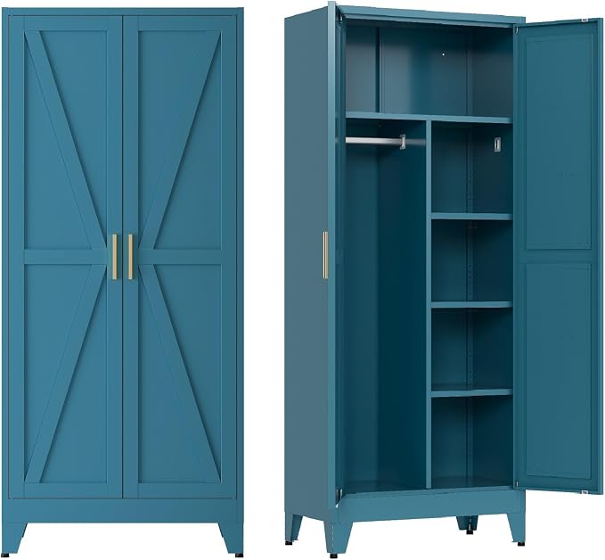 Metal armoire Wardrobe Closet with Hanging Rod,71'' Metal Wardrobe Cabinet with 2 Doors and 4 Adjustable Shelves, Bedroom armoires,Laundry Room cabinets,armario de ropa Closet