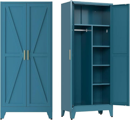 Metal armoire Wardrobe Closet with Hanging Rod,71'' Metal Wardrobe Cabinet with 2 Doors and 4 Adjustable Shelves, Bedroom armoires,Laundry Room cabinets,armario de ropa Closet