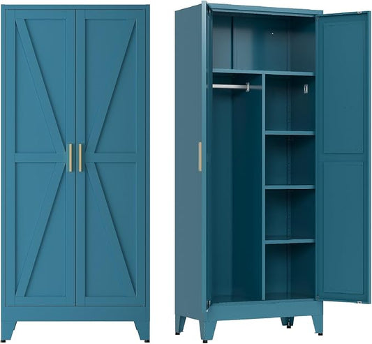 Metal armoire Wardrobe Closet with Hanging Rod,71'' Metal Wardrobe Cabinet with 2 Doors and 4 Adjustable Shelves, Bedroom armoires,Laundry Room cabinets,armario de ropa Closet