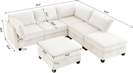 ORRD Corner Modular Sectional Sofa Set, Convertible L Shaped Couch with Storage, 6 Seater Sofa Modular with Ottomans and Reversible Chaise for Living Room, Office (Beige)