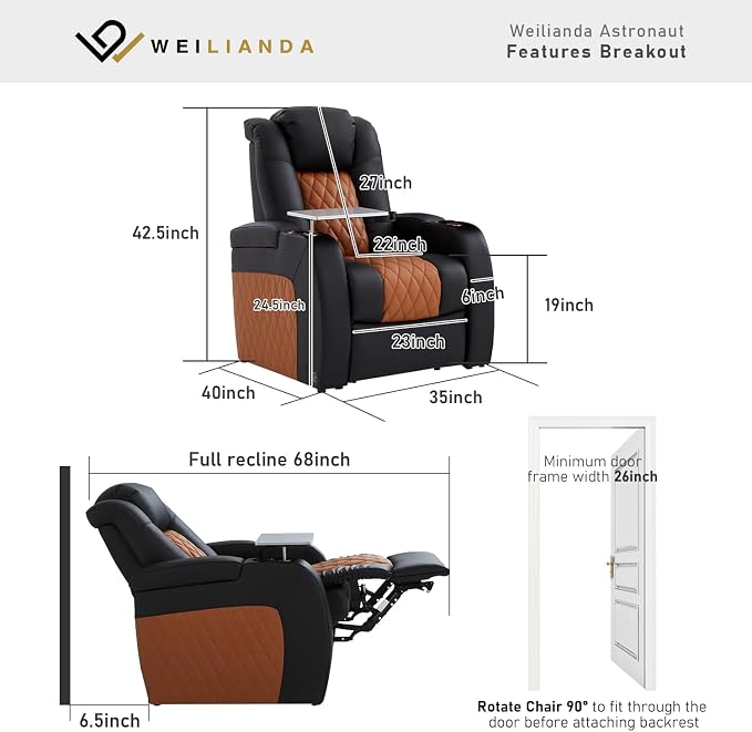 Weilianda Home Theater Seating Top Grain Leather Zero Gravity Recliner Chair Power Headrest Recline Movie Seat Gaming 7 Colors Mood Light Sofa with Tray Table Row of 1 Black Camel