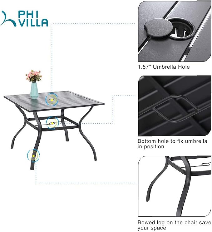 PHI VILLA 5 Pieces Outdoor Dining Set for 4, 37" Black Metal Table with Umbrella Hole & Swivel Wrought Iron Chairs with Cushions, Outside Furniture for Patio, Deck, Yard, Porch