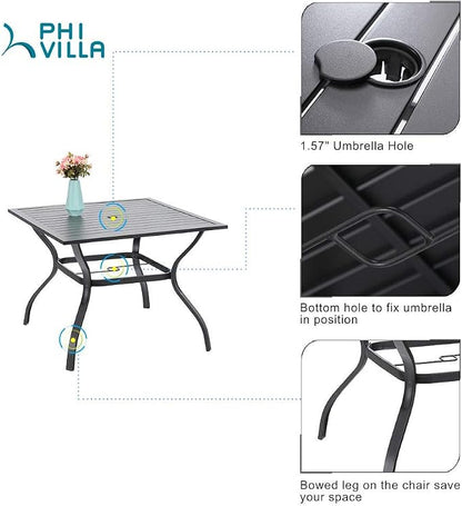 PHI VILLA 5 Pieces Outdoor Dining Set for 4, 37" Black Metal Table with Umbrella Hole & Swivel Wrought Iron Chairs with Cushions, Outside Furniture for Patio, Deck, Yard, Porch