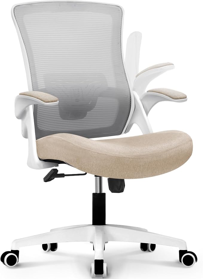 NEO CHAIR Office Desk Gaming Chair Computer High Back Mesh Seat with Rolling Wheels Ergonomic Adjustable Comfy Flip-up Armrests Lumbar Support Height for Home (Beige White Frame)