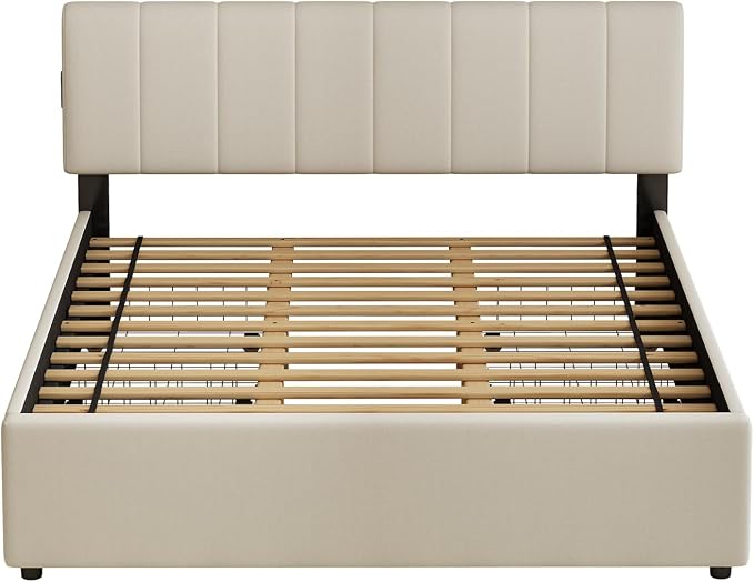 King Size Upholstered Platform Bed with 4 Storage Drawers | 4 Storage Drawers, USB/Type-C Charging,APP-Controlled LED Lights,No Box Spring Needed,Beige Chenille Fabric,Easy to Assemble