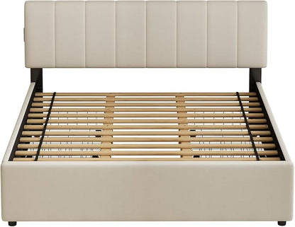 King Size Upholstered Platform Bed with 4 Storage Drawers | 4 Storage Drawers, USB/Type-C Charging,APP-Controlled LED Lights,No Box Spring Needed,Beige Chenille Fabric,Easy to Assemble
