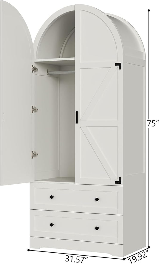 Gyfimoie White Armoire Wardrobe Closet with 2 Drawers, 74.8" Wooden Wardrobe with 2 Doors, Freestanding Closet Armoire Cabinet with Hanging Rack, Clothing Storage Cabinet for Bedroom (White)