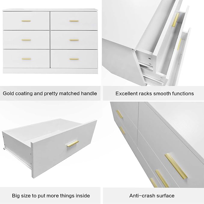 47" Modern White Dresser for Bedroom, 6-Drawer Wooden Chest of Drawers with Gold Handles,Wide Storage Cabinet for Living Room, Kid&Nursery Entryway