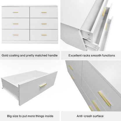 47" Modern White Dresser for Bedroom, 6-Drawer Wooden Chest of Drawers with Gold Handles,Wide Storage Cabinet for Living Room, Kid&Nursery Entryway