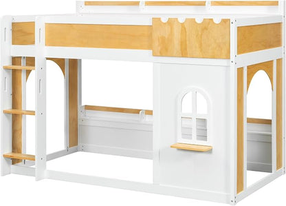 Twin Over Twin Bunk Bed with Storage Shelves,Window and Two Doors,for Kids Teens Adults Use (White+Natural-Window, Twin Over Twin)