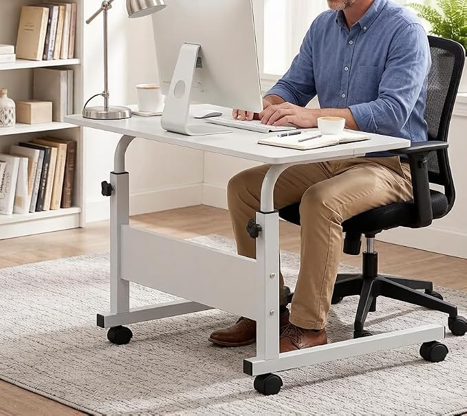 Standing Desk - Side Table Adjustable Height, Portable Laptop Cart, C-Shaped Bed Couch end Tables with Edge Stopper - Wheels for Living Room Bedroom Walking Pad Treadmill 31.5Inch White