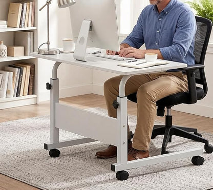 Standing Desk - Side Table Adjustable Height, Portable Laptop Cart, C-Shaped Bed Couch end Tables with Edge Stopper - Wheels for Living Room Bedroom Walking Pad Treadmill 31.5Inch White