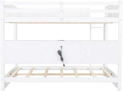 Queen Over Queen Bunk Bed with Built-in Shelves and USB Ports, Solid Wood Bunk Bed Frame with Safety Guardrail, for Kids Boys Girls Bedroom, No Box Spring Needed (White)
