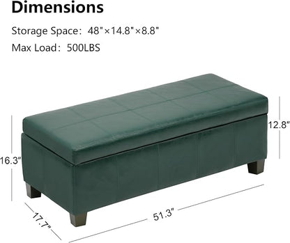 51 Inch Storage Ottoman, Storage Bench with Safety Hinge, Upholstered Synthetic Leather Ottoman Bench for Bedroom, Living Room, Entryway, Hallway, Foot Rest, Support 500lbs