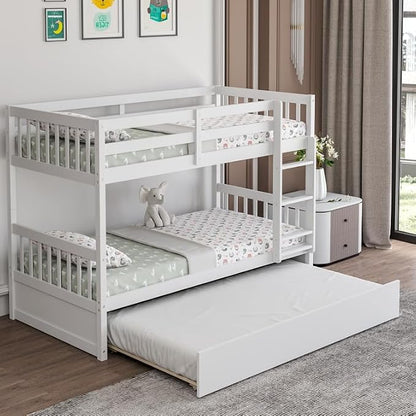NAFORT Twin Over Full Bunk Bed with Trundle, Solid Wood Bunk Bed Frame, Ladder & Guardrails, Converts to 2 Platform Beds for Kids/Teens/Guests (White, Twin Over Twin with Trundle)
