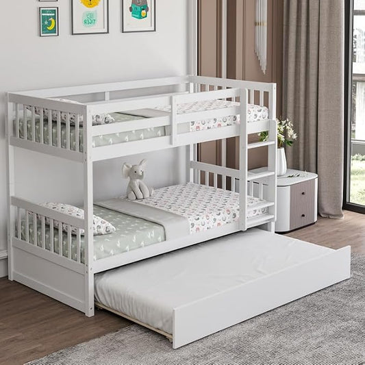 NAFORT Twin Over Full Bunk Bed with Trundle, Solid Wood Bunk Bed Frame, Ladder & Guardrails, Converts to 2 Platform Beds for Kids/Teens/Guests (White, Twin Over Twin with Trundle)