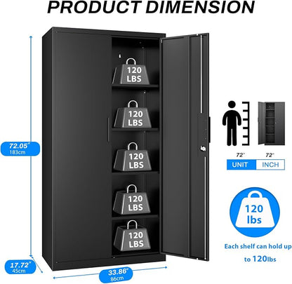 Tall Steel Garage Storage Cabinet with Lock - 72" H Heavy Duty Metal Storage Locker with 4 Adjustable Shelves for Home, Office, Black