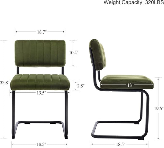 ONEVOG Mid Century Modern Dining Chairs Set of 2, Green Velvet Kitchen Chairs with Tufted Backs, Upholstered Wide Seat, Armless Cantilevered Chairs with Metal Legs for Kitchen Living Room