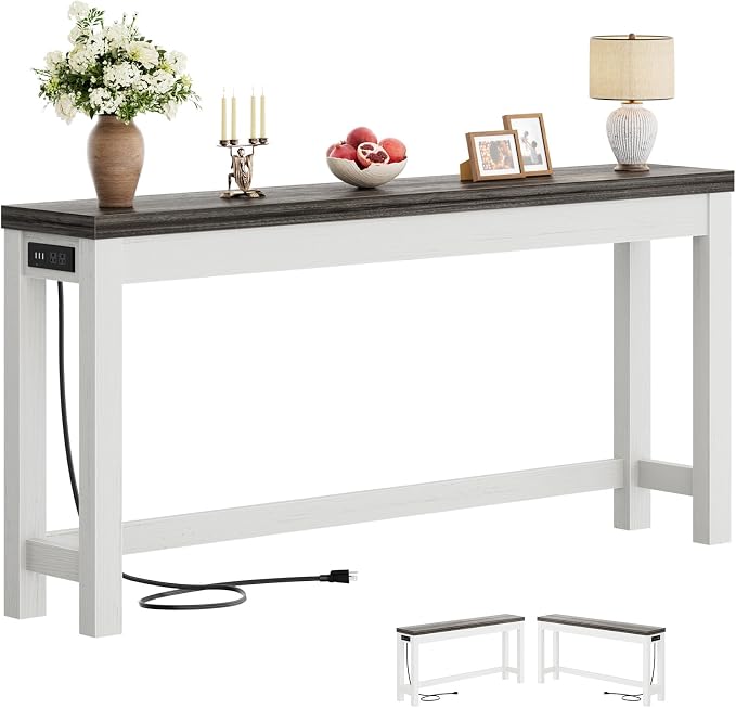 Cyclysio 63" Console Table with Charging Station, 13.8" Deep Farmhouse Sofa Table Behind Couch with 2 AC Outlets & 3 USB Ports, Long Entryway TV Console or Home Office Desk, Oak Grey