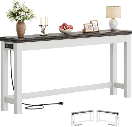 Cyclysio 63" Console Table with Charging Station, 13.8" Deep Farmhouse Sofa Table Behind Couch with 2 AC Outlets & 3 USB Ports, Long Entryway TV Console or Home Office Desk, Oak Grey