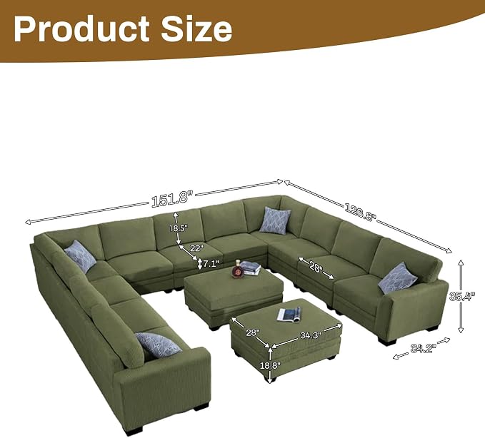 Legend Vansen Oversized Modular Sectional Sofa,8 Seat U Shaped Couch with Ottoman,Corduroy Sofa with Deep Seat,Convertible Large Sectional Couches for Living Room (Olive, U-13)