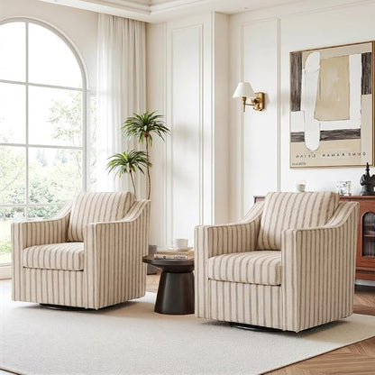Swivel Accent Chairs Set of 2, 360° Swivel Upholstered Club Armchairs for Living Room, Comfy Fabric Single Sofa Reading Chair with Deep Seat, Metal Swivel Base, Pinstripe Light Brown