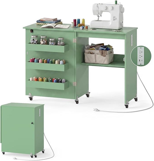 Giantex Folding Sewing Table with Charging Station, Rolling Craft Table with Storage Trays & Shelf, Foldable Sewing Machine Cabinet Desk with Lockable Wheels for Small Spaces (Sage)