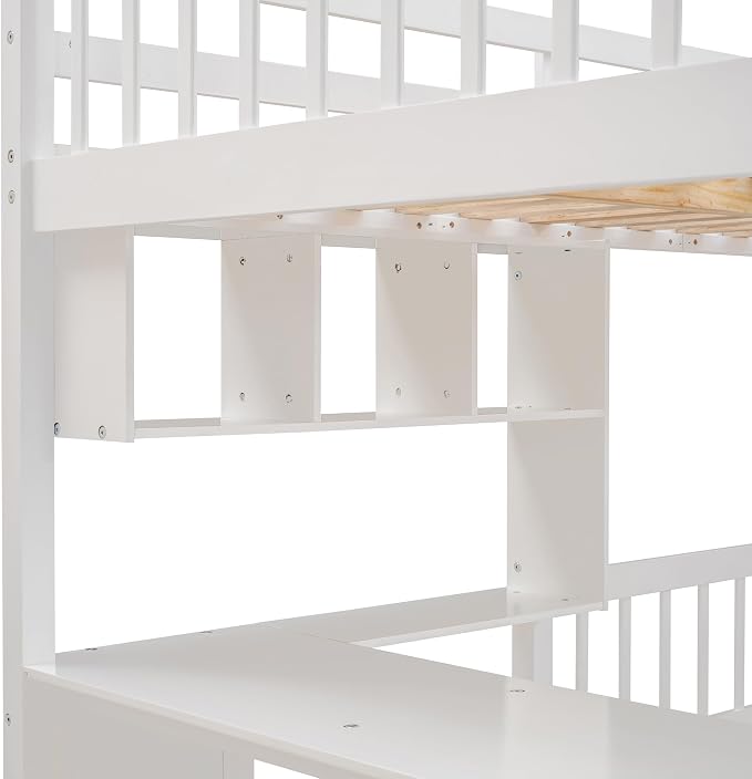 Merax Full Over Twin Bunk Bed with Desk, Drawers and Shelves, White